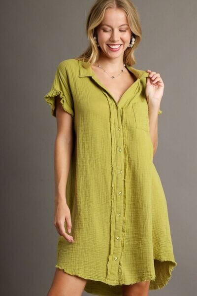Umgee Full Size Raw Hem Button Down Short Sleeve Gauze Shirt Dress Plus Size - Sydney So Sweet