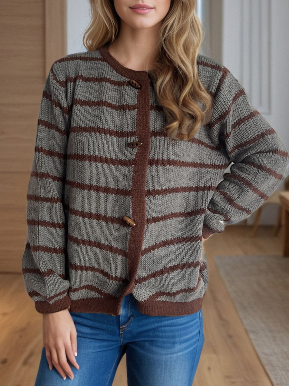 Striped Round Neck Long Sleeve Cardigan - Sydney So Sweet