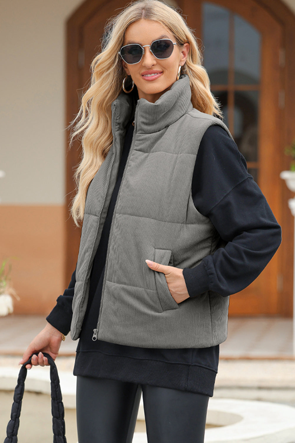 Pocketed Zip Up Turtleneck Vest Coat - Sydney So Sweet