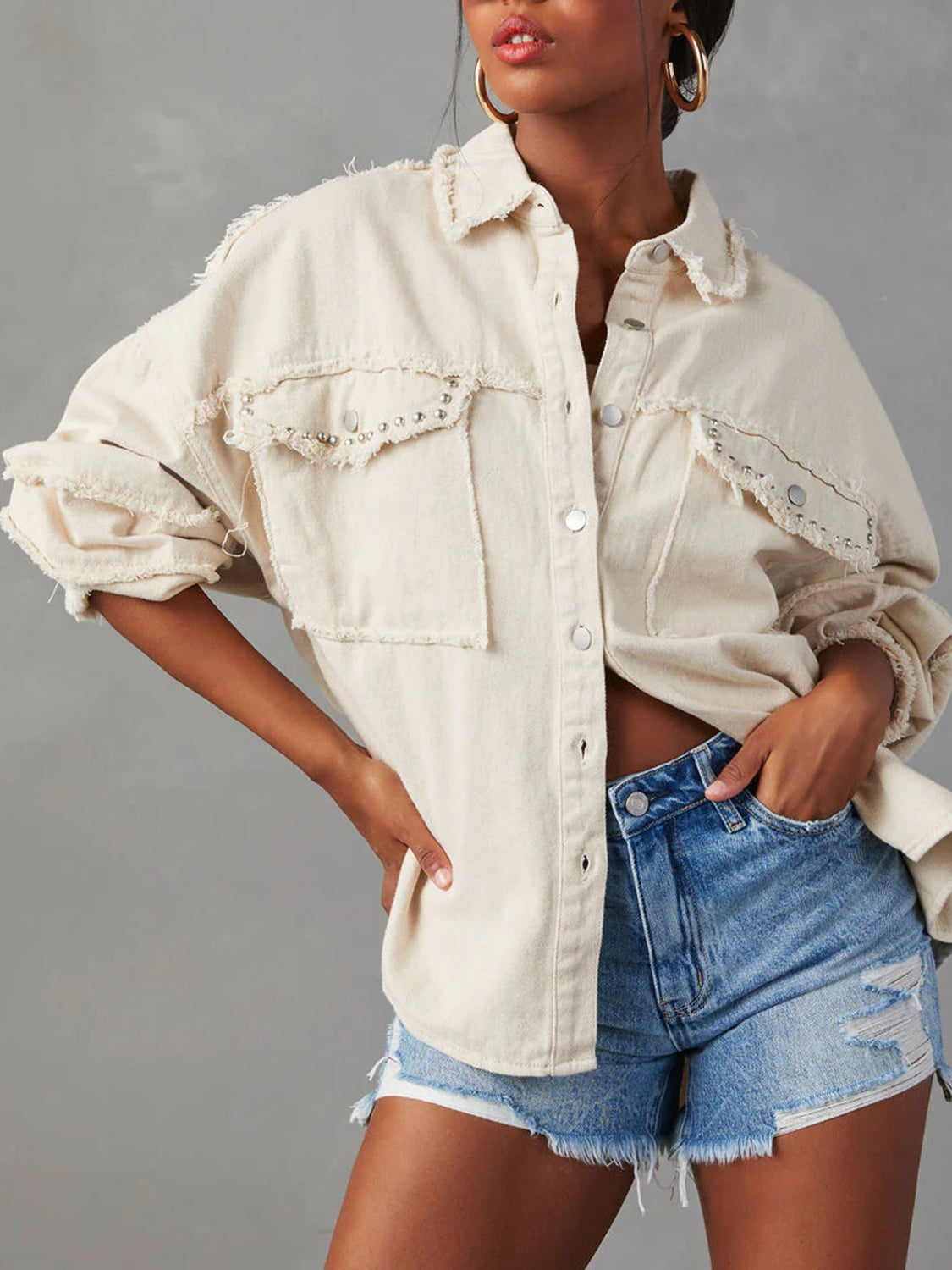 Button Down Raw Hem Denim Jacket - Sydney So Sweet