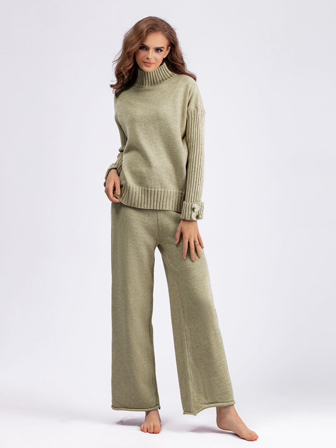 Basic Bae High- Low Turtleneck Long Sleeve Top and Pants Sweater Set - Sydney So Sweet