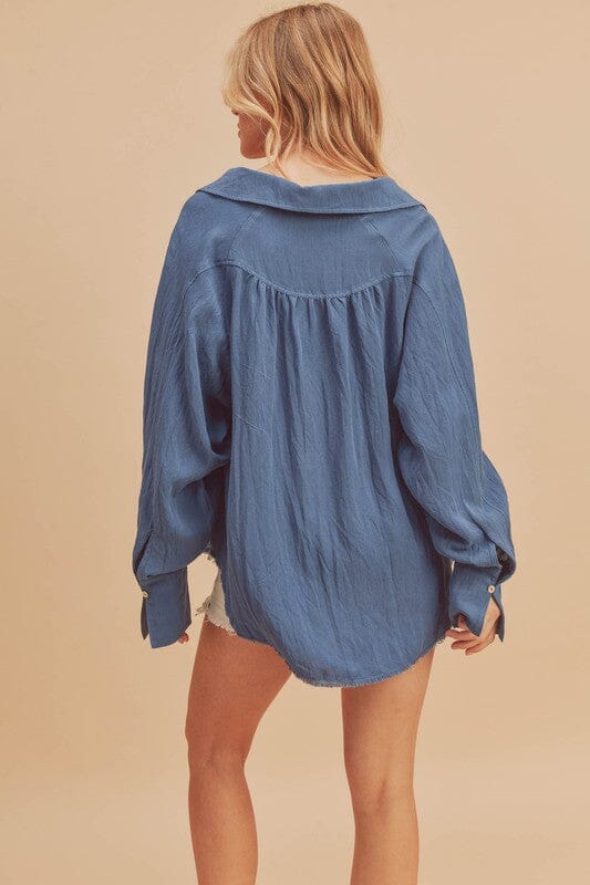 Aemi + Co Raw Hem Button Down Raglan Sleeve Shirt - Sydney So Sweet