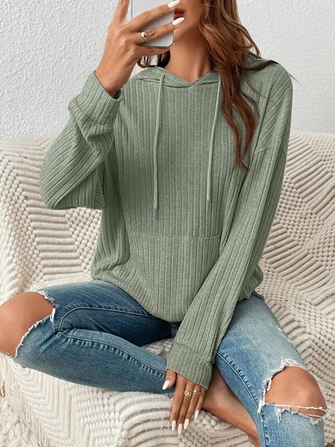 Ribbed Dropped Shoulder Drawstring Hoodie - Sydney So Sweet