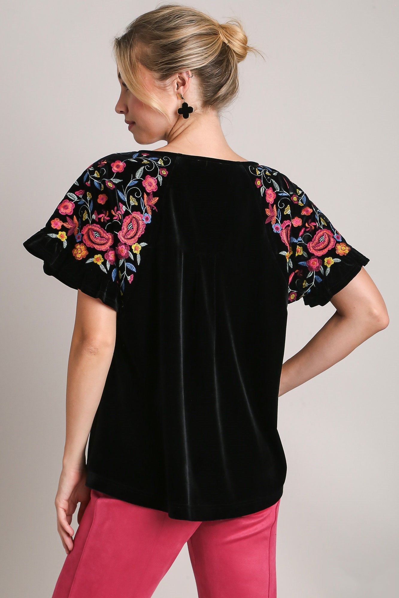 Umgee Full Size Velvet Embroidery Short Sleeve Blouse - Sydney So Sweet