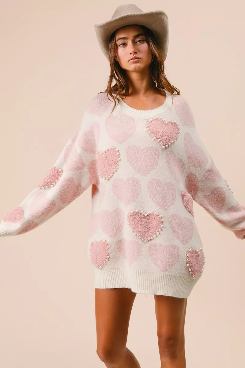 BiBi Heart Pattern Sweater with Pearl Detail - Sydney So Sweet