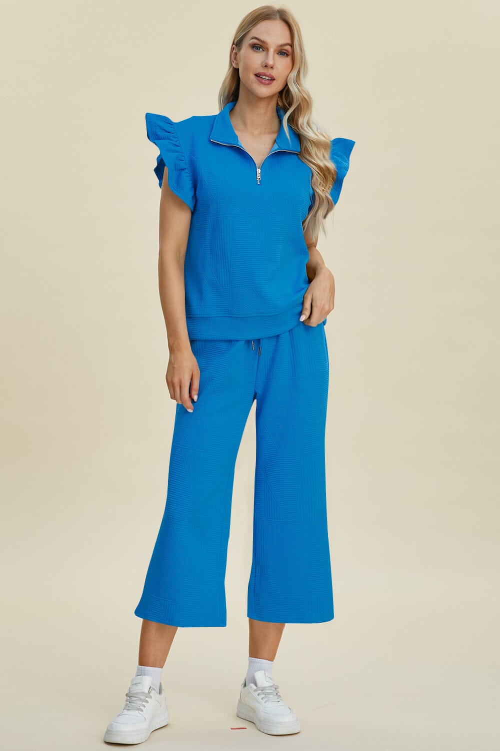 Double Take Full Size Texture Ruffle Short Sleeve Top and Wide Leg Pants Set - Sydney So Sweet