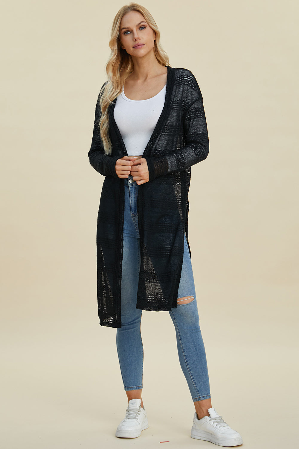 Double Take Full Size Open Front Longline Cardigan - Sydney So Sweet