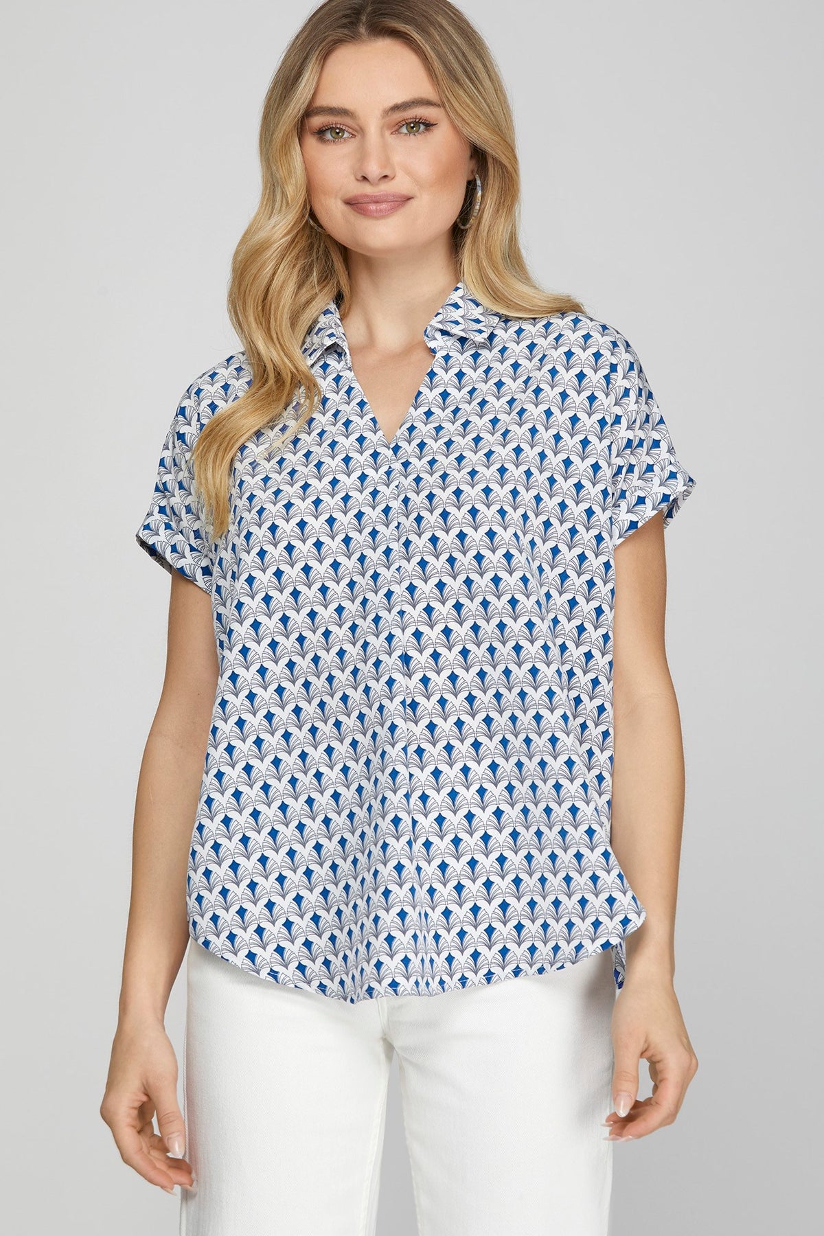 She + Sky Full Size Printed Johnny Collar Short Sleeve Blouse Plus Size - Sydney So Sweet
