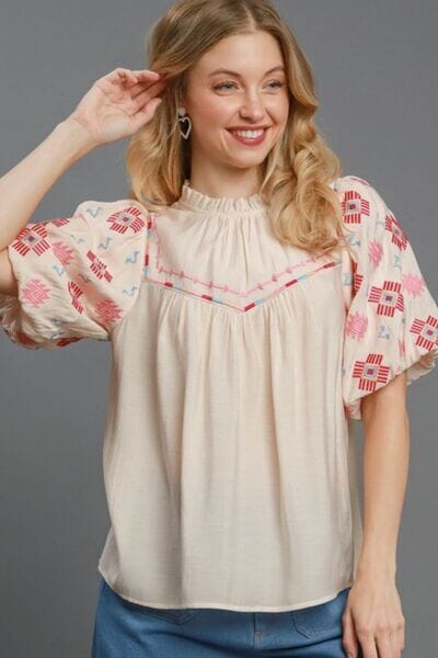 Umgee Full Size Embroidered Puff Sleeve Mock Neck Top Plus Size - Sydney So Sweet