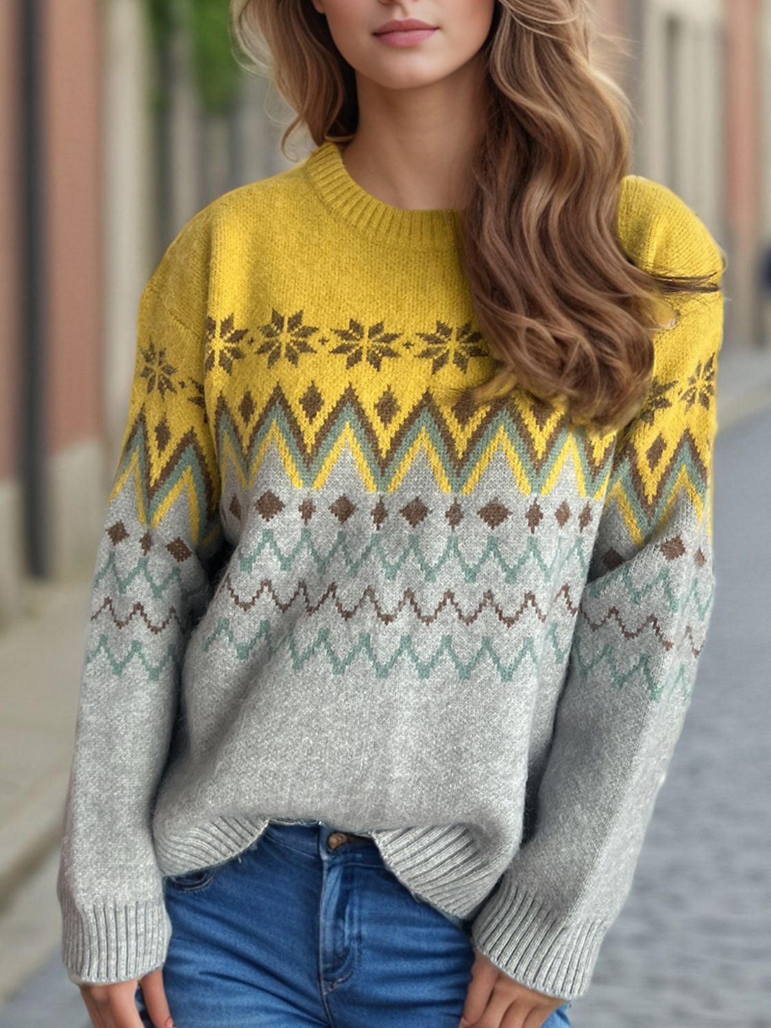 Chevron Contrast Round Neck Long Sleeve Sweater - Sydney So Sweet