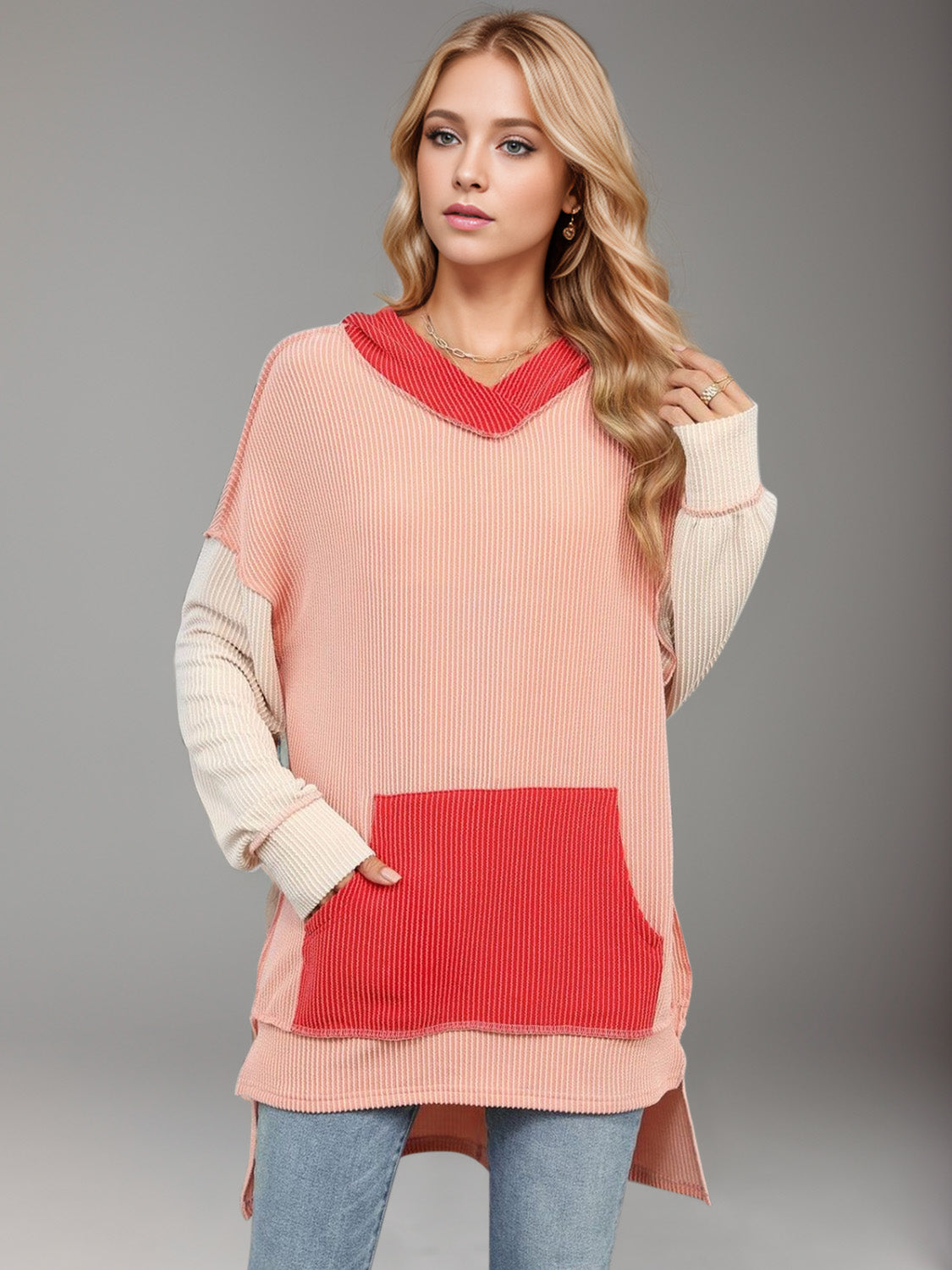 Double Take Contrast Hooded Long Sleeve Top - Sydney So Sweet