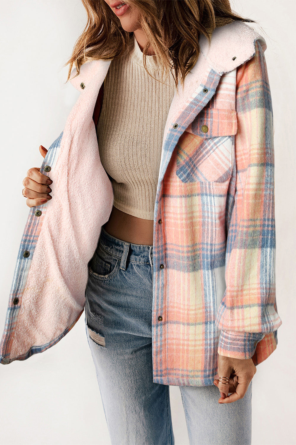 Plaid Snap Down Hooded Jacket - Sydney So Sweet