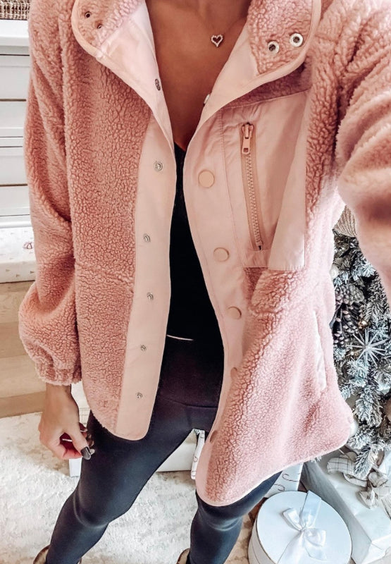 Snap Down Long Sleeve Sherpa Jacket - Sydney So Sweet