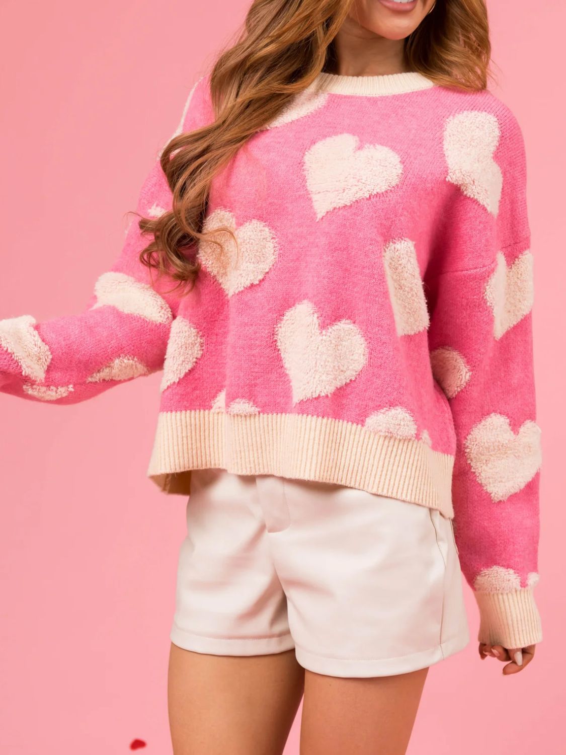 Valentine’s Day Fuzzy Heart Round Neck Long Sleeve Sweater - Sydney So Sweet