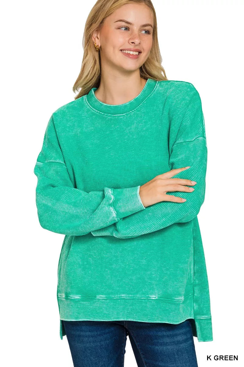 Zenana Full Size Acid Washed Double Ribbed Hi-low Sweatshirt Plus Size - Sydney So Sweet