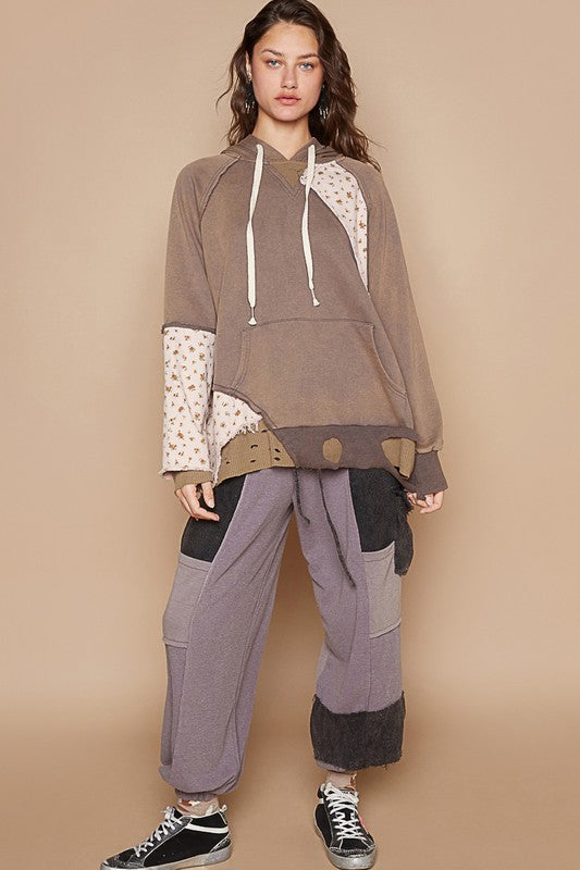 POL Floral Patchwork Distressed Drawstring Hoodie - Sydney So Sweet