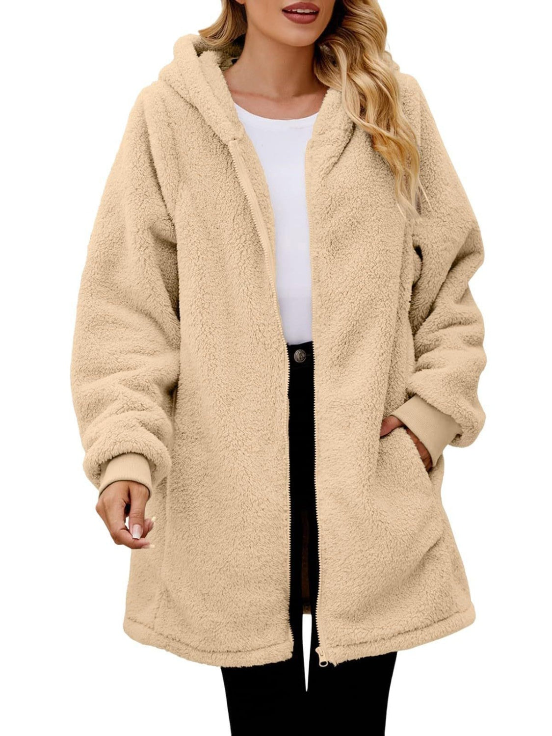 Fuzzy Pocketed Zip Up Long Sleeve Hooded Jacket - Sydney So Sweet