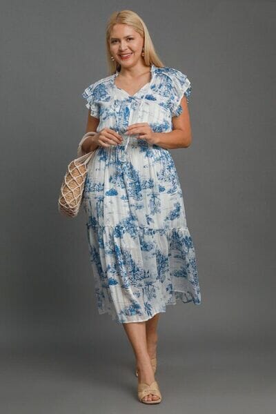 Umgee Full Size Two Tone Landscape Print Midi Dress Plus Size - Sydney So Sweet