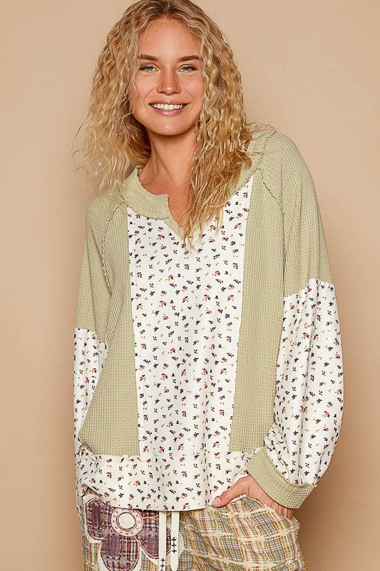 POL Waffle Knit Floral Notched Long Sleeve Top - Sydney So Sweet