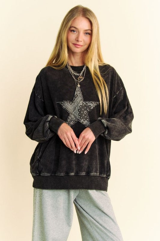 Davi & Dani Stud Star Patch Acid Washed Sweatshirt - Sydney So Sweet