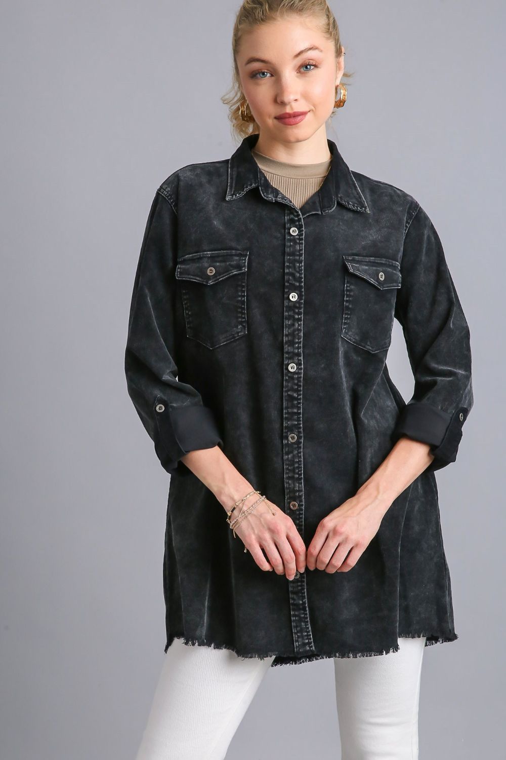 Umgee Raw Hem Button Down Denim Jacket with Chest Pockets - Sydney So Sweet