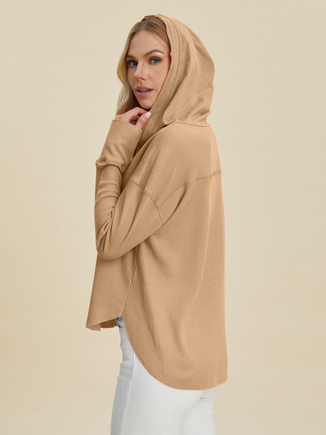 Double Take Full Size High-Low Dropped Shoulder Long Sleeve Hoodie - Sydney So Sweet