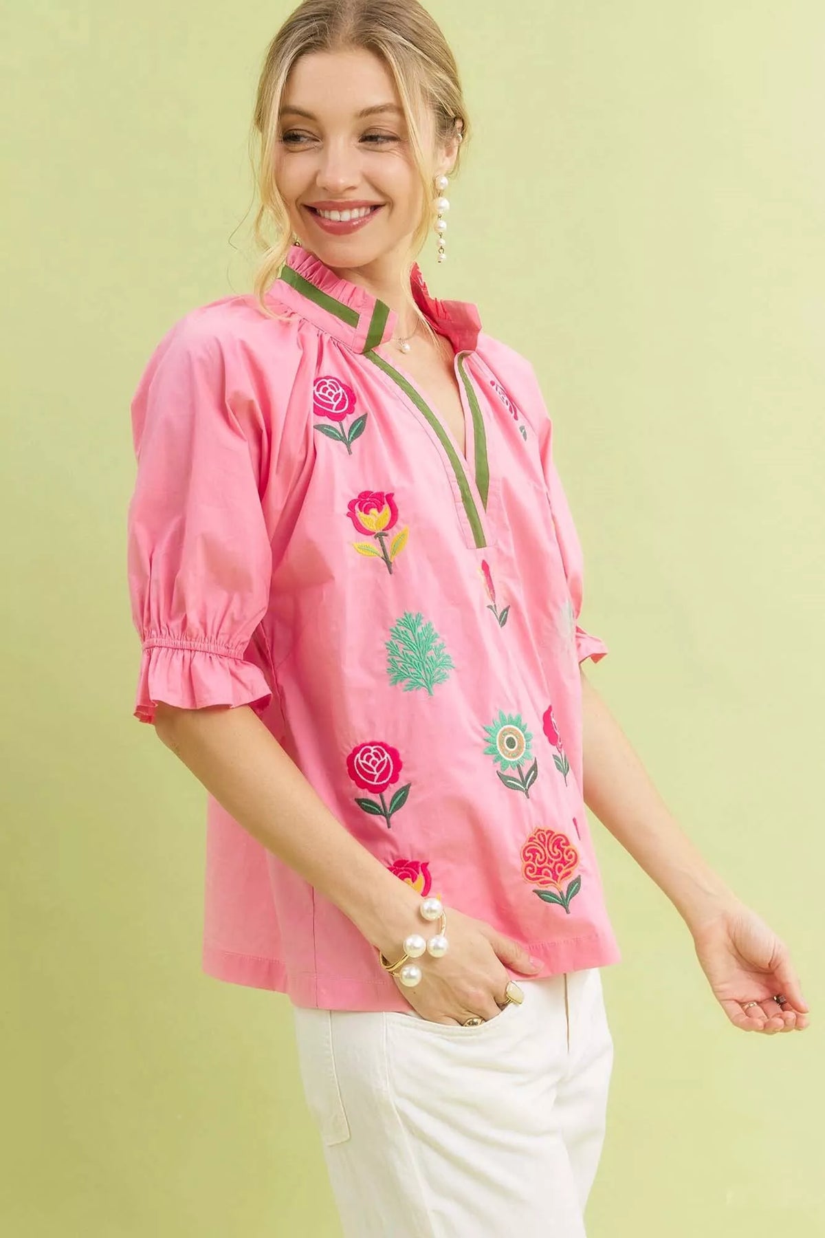 Umgee Embroidered Floral Top with Contrast Trim - Sydney So Sweet