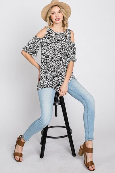 Heimish Full Size Leopard Round Neck Cold Shoulder T-Shirt Plus Size - Sydney So Sweet