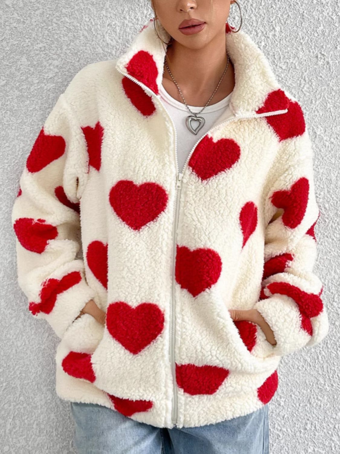 Heart Zip Up Drop Shoulder Furry Jacket - Sydney So Sweet