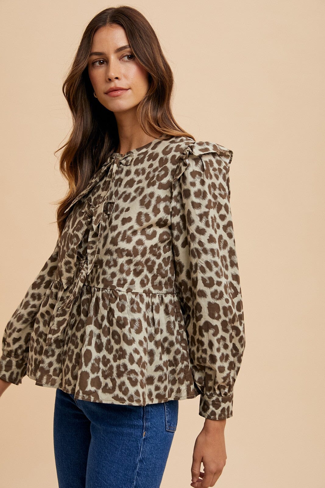 Annie Wear Tied Leopard Round Neck Peplum Blouse - Sydney So Sweet