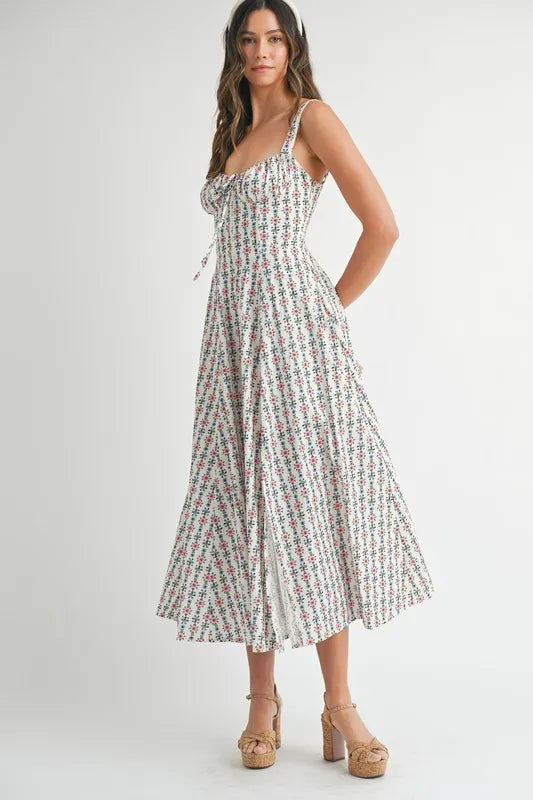 MABLE Floral Print Bustier Back Lace Up Midi Dress - Sydney So Sweet