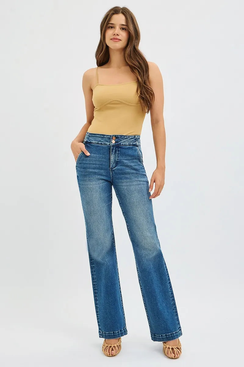 RISEN Full Size Tummy Control High Rise Bootcut Jeans with Double Button Waistband Plus Size - Sydney So Sweet