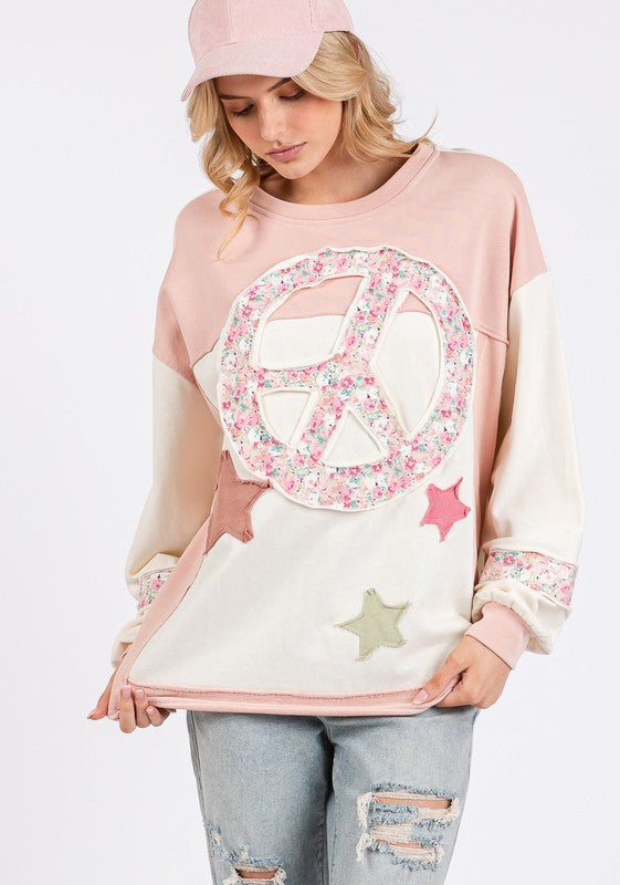 SAGE + FIG Peace &amp; Star Patch Contrast Round Neck Sweatshirt - Sydney So Sweet