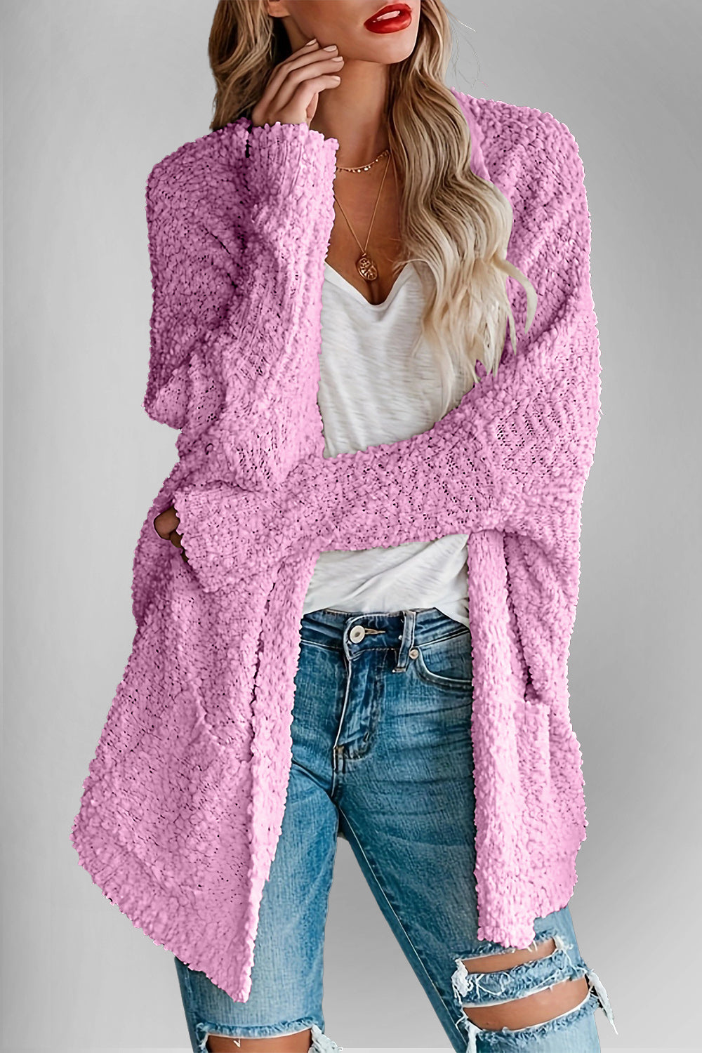 Double Take Pocketed Open Front Long Sleeve Cardigan Sweater - Sydney So Sweet