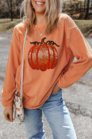 Sequin Pumpkin Round Neck Long Sleeve Sweatshirt - Sydney So Sweet