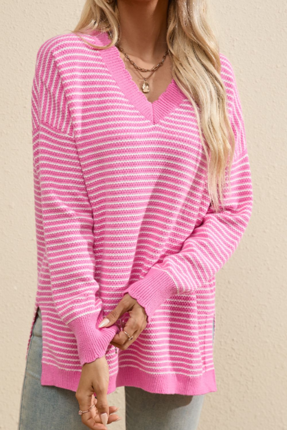 Striped V-Neck Dropped Shoulder Sweater - Sydney So Sweet