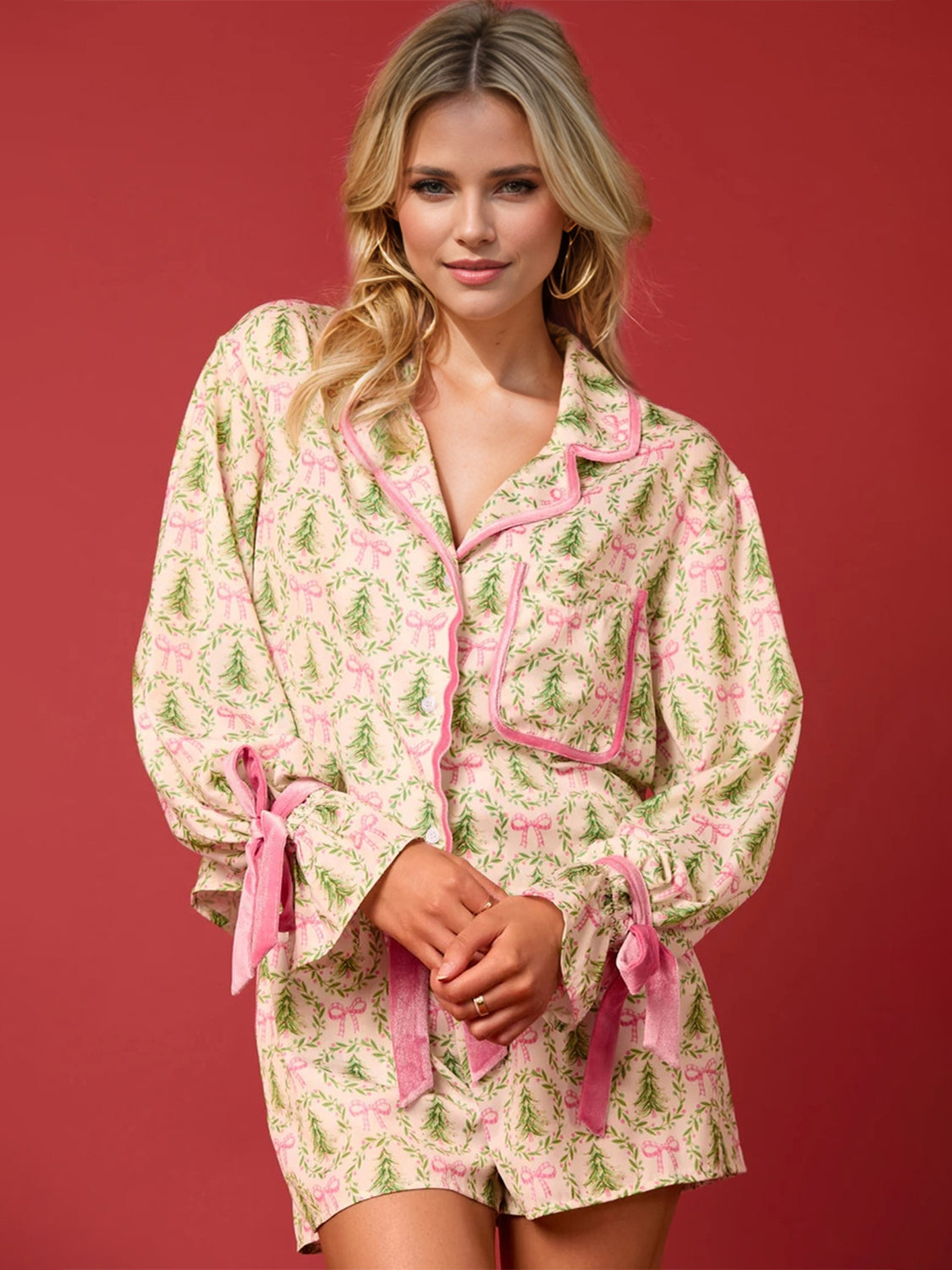 Tied Printed Collared Neck Long Sleeve Top and Shorts Set - Sydney So Sweet