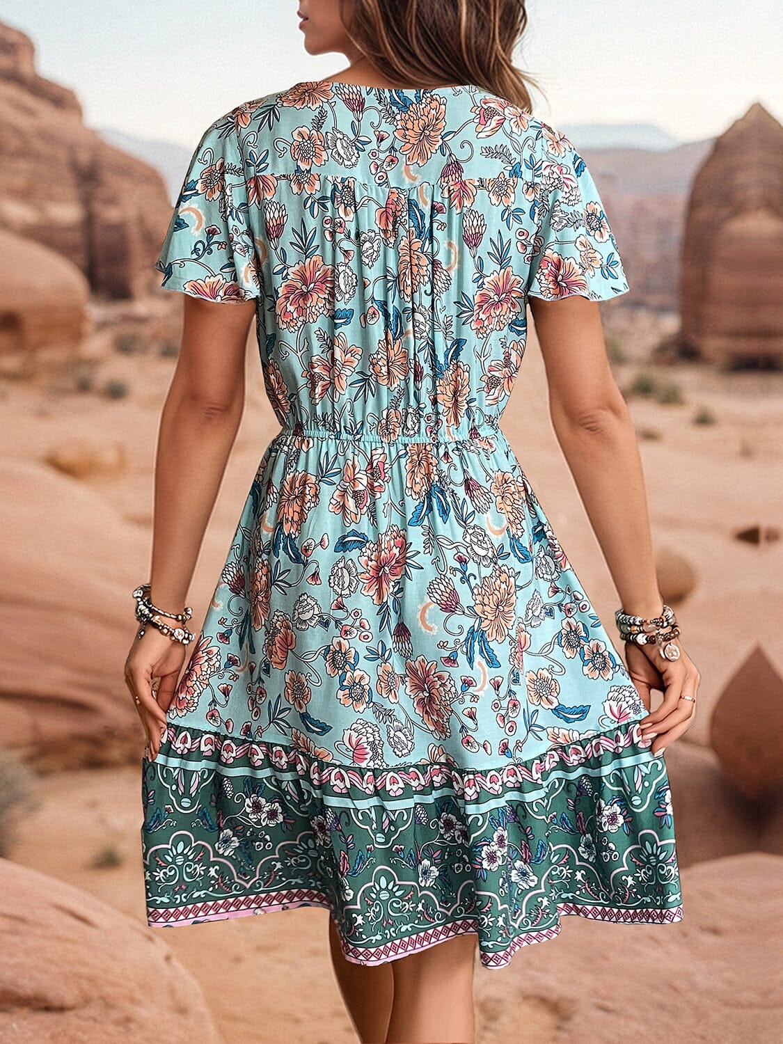 Printed V-Neck Flutter Sleeve Dress - Sydney So Sweet