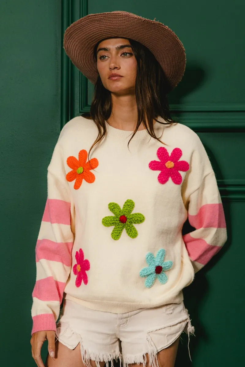 BiBi Colorful Floral Patched Sweater with Striped Sleeve - Sydney So Sweet