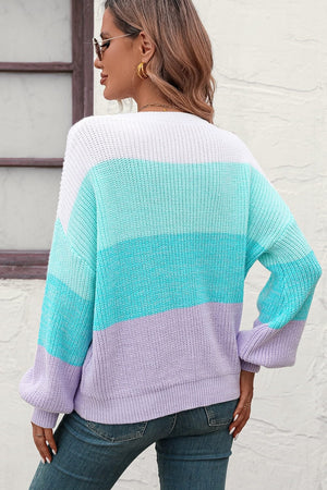 Round Neck Color Block Ribbed Pullover Sweater - Sydney So Sweet