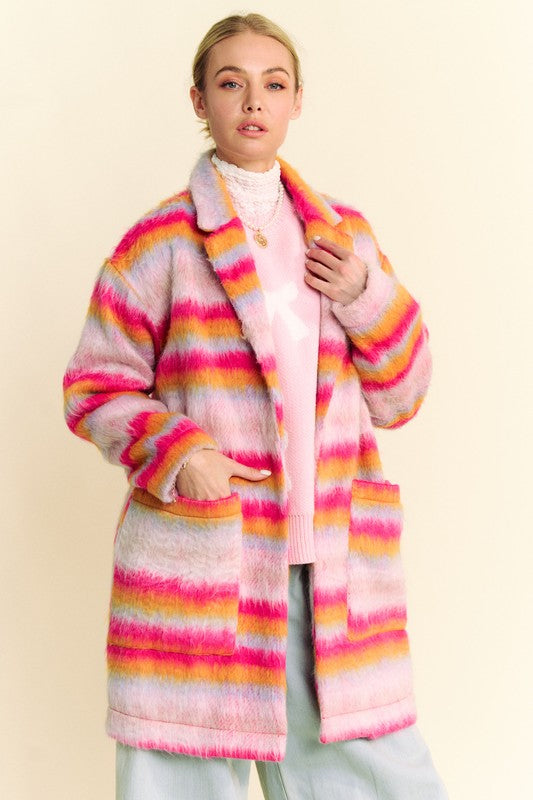 Davi & Dani Contrast Striped Open Front Coat with Pockets - Sydney So Sweet