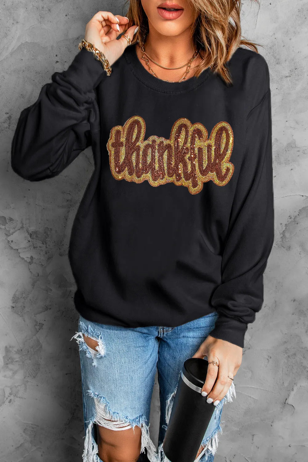 THANKFUL Round Neck Long Sleeve Sweatshirt - Sydney So Sweet