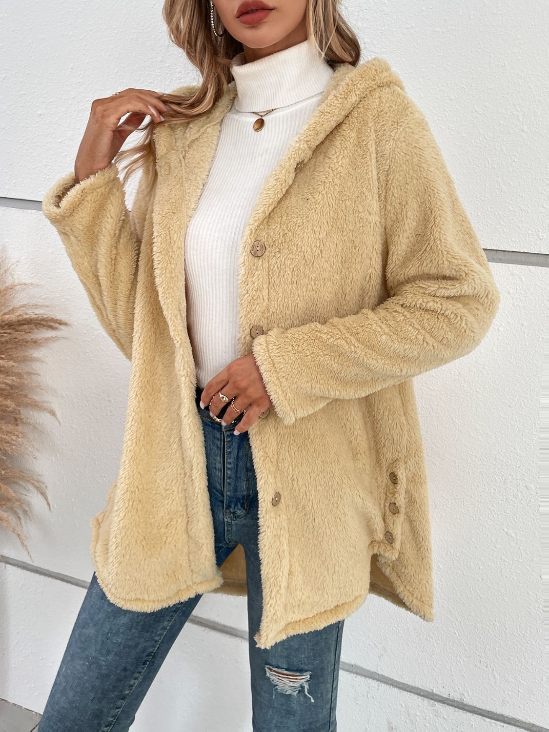 Fuzzy Button Up Hooded Jacket - Sydney So Sweet