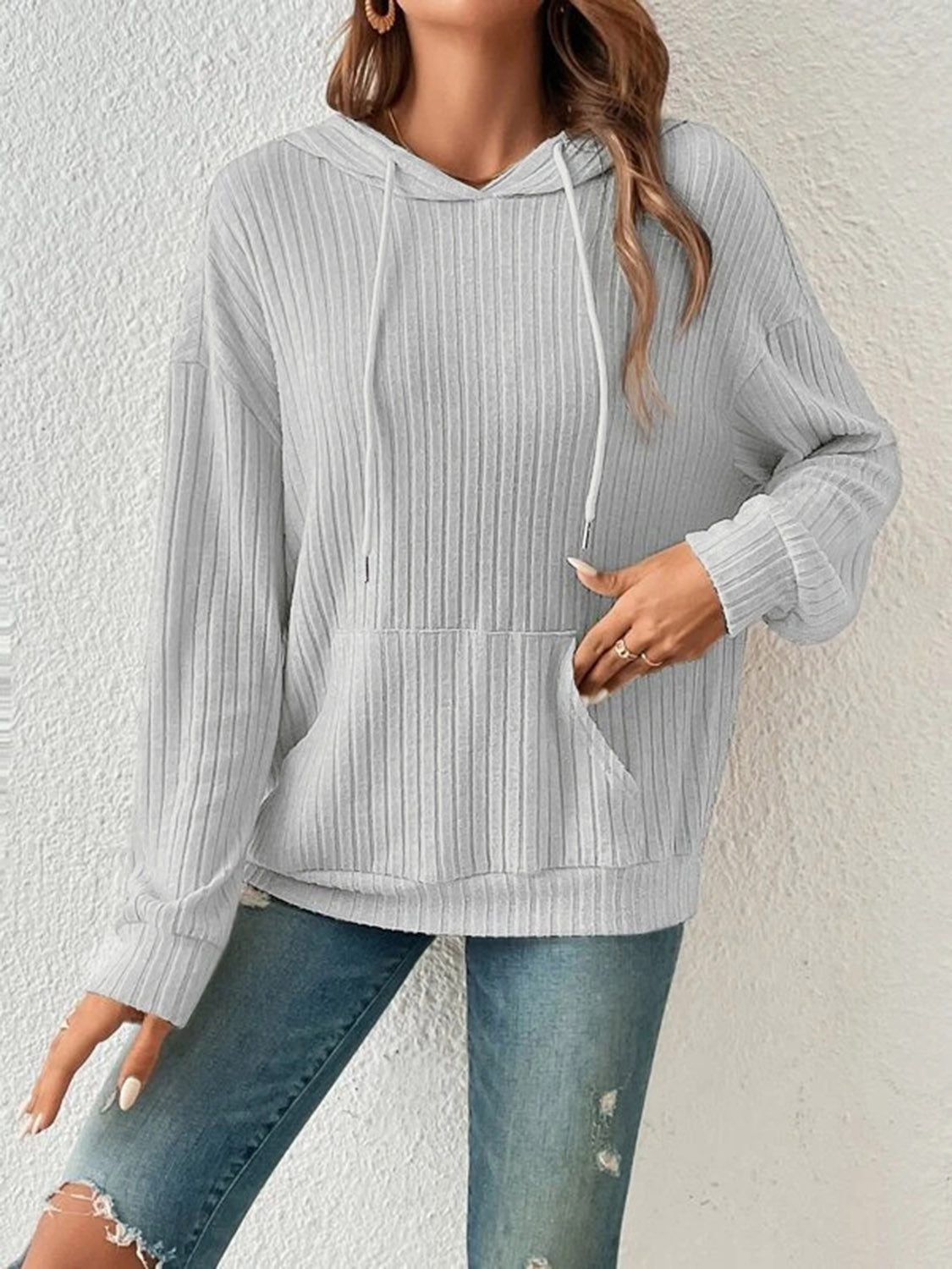 Ribbed Dropped Shoulder Drawstring Hoodie - Sydney So Sweet