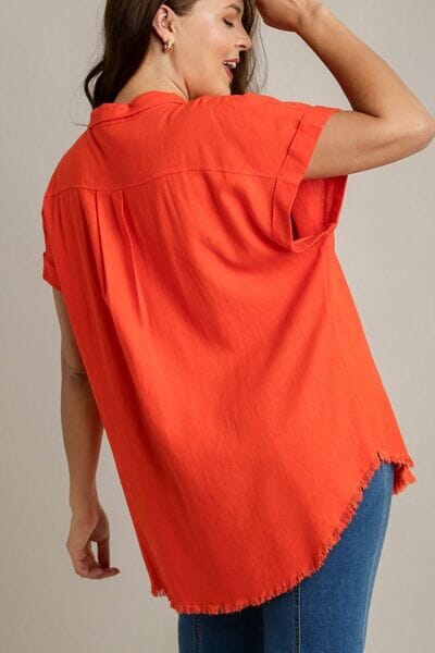 Umgee Full Size Linen Blend Button Down Short Folded Sleeve Shirt Plus Size - Sydney So Sweet
