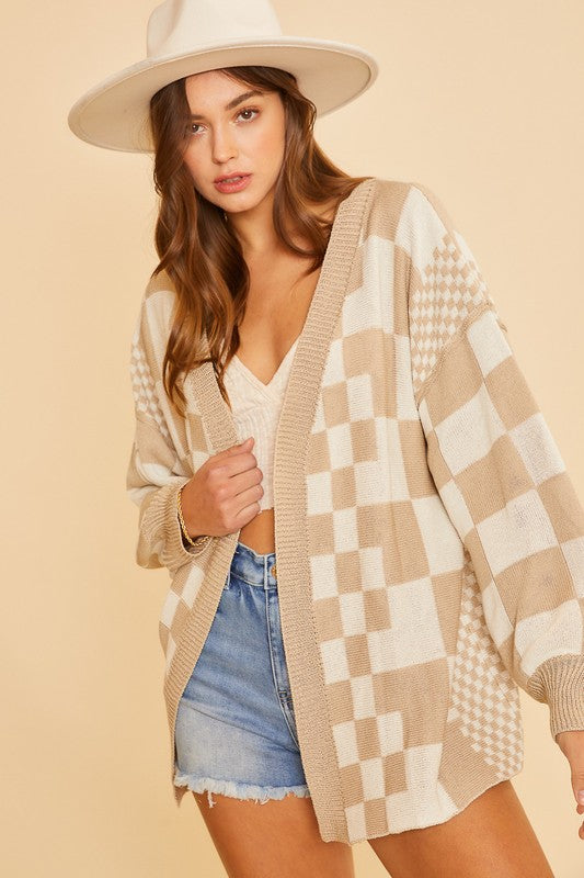 Annie Wear Checkered Open Front Drop Shoulder Cardigan - Sydney So Sweet