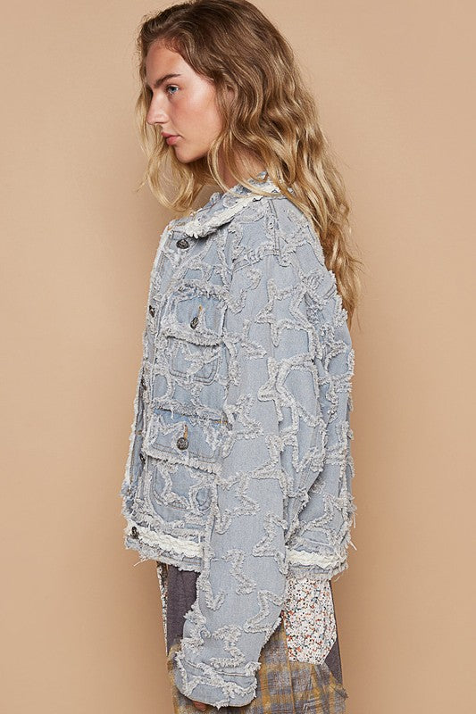 POL Star Textured Raw Hem Long Sleeve Denim Jacket - Sydney So Sweet