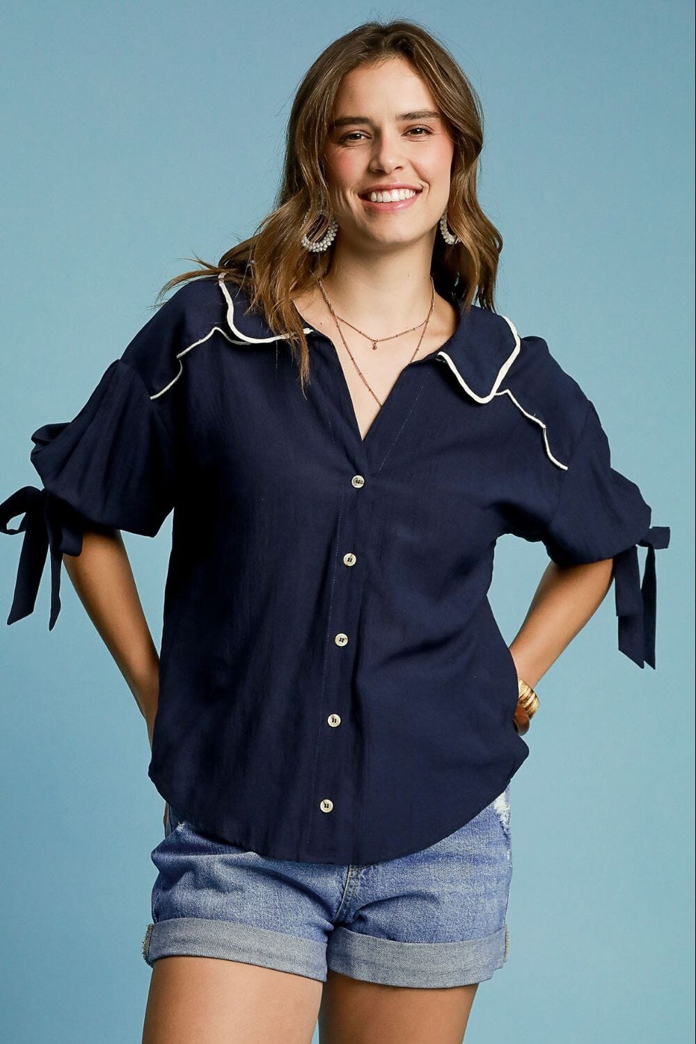 Umgee Full Size Embroidered Detail Button Down Shirt Plus Size - Sydney So Sweet