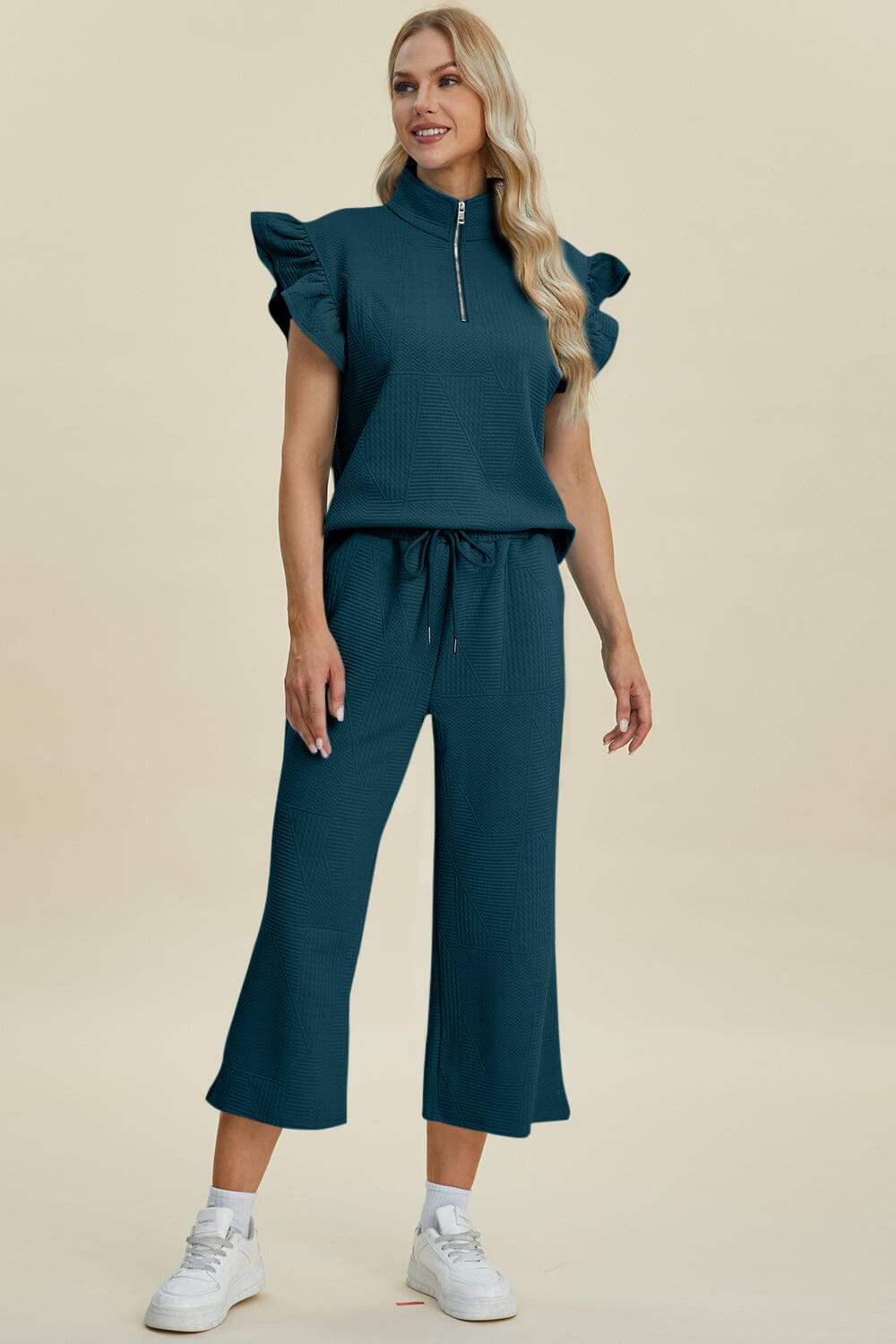 Double Take Full Size Texture Ruffle Short Sleeve Top and Wide Leg Pants Set - Sydney So Sweet