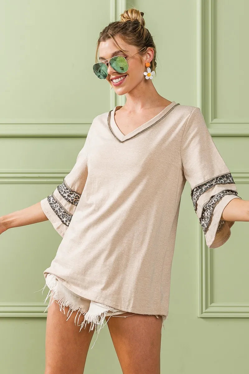 BiBi Triblend Knit Top with Leopard Band Detail - Sydney So Sweet